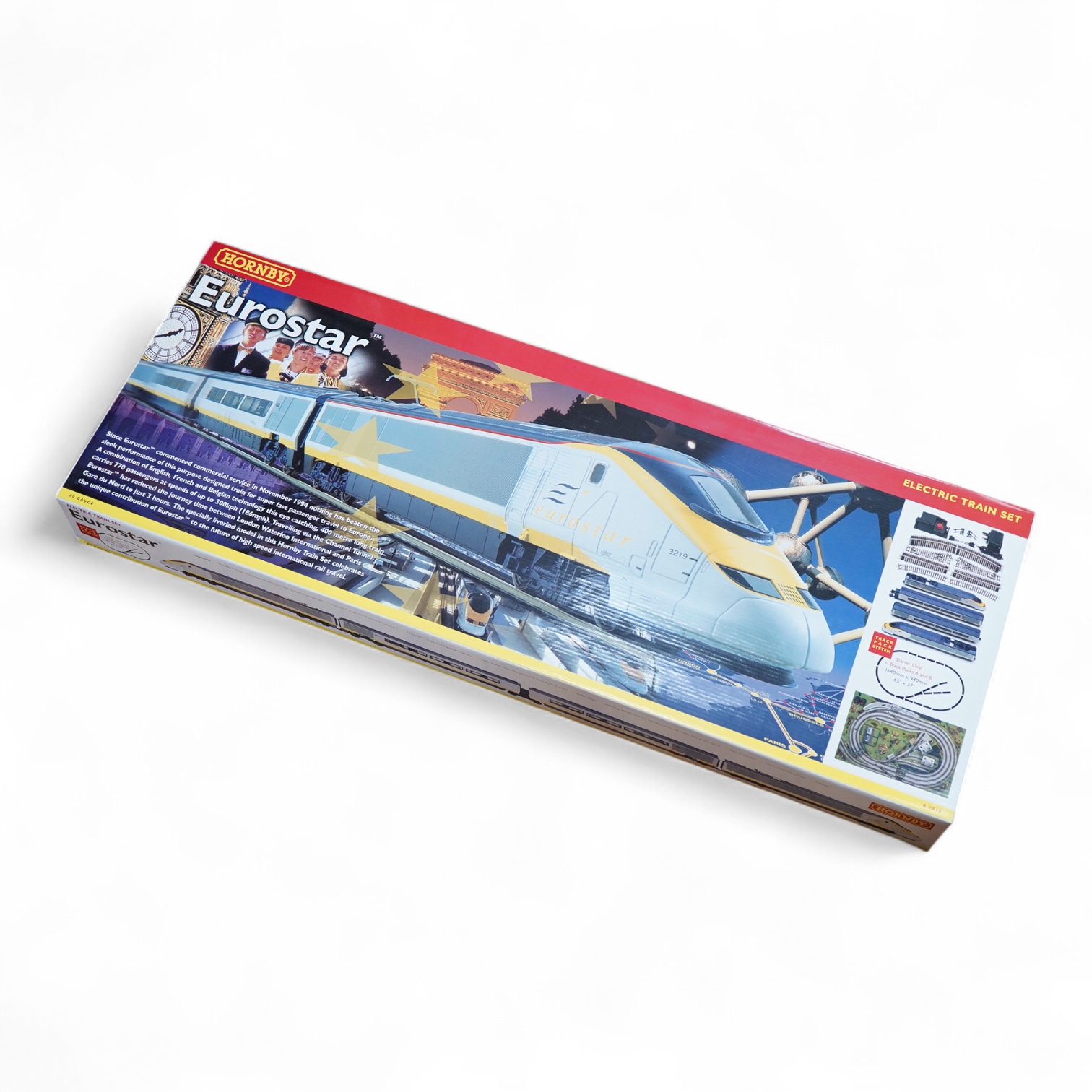 A Hornby Hobbies Eurostar train set (R1013), comprising of a four car train and track mat (track sections and controller etc. missing)